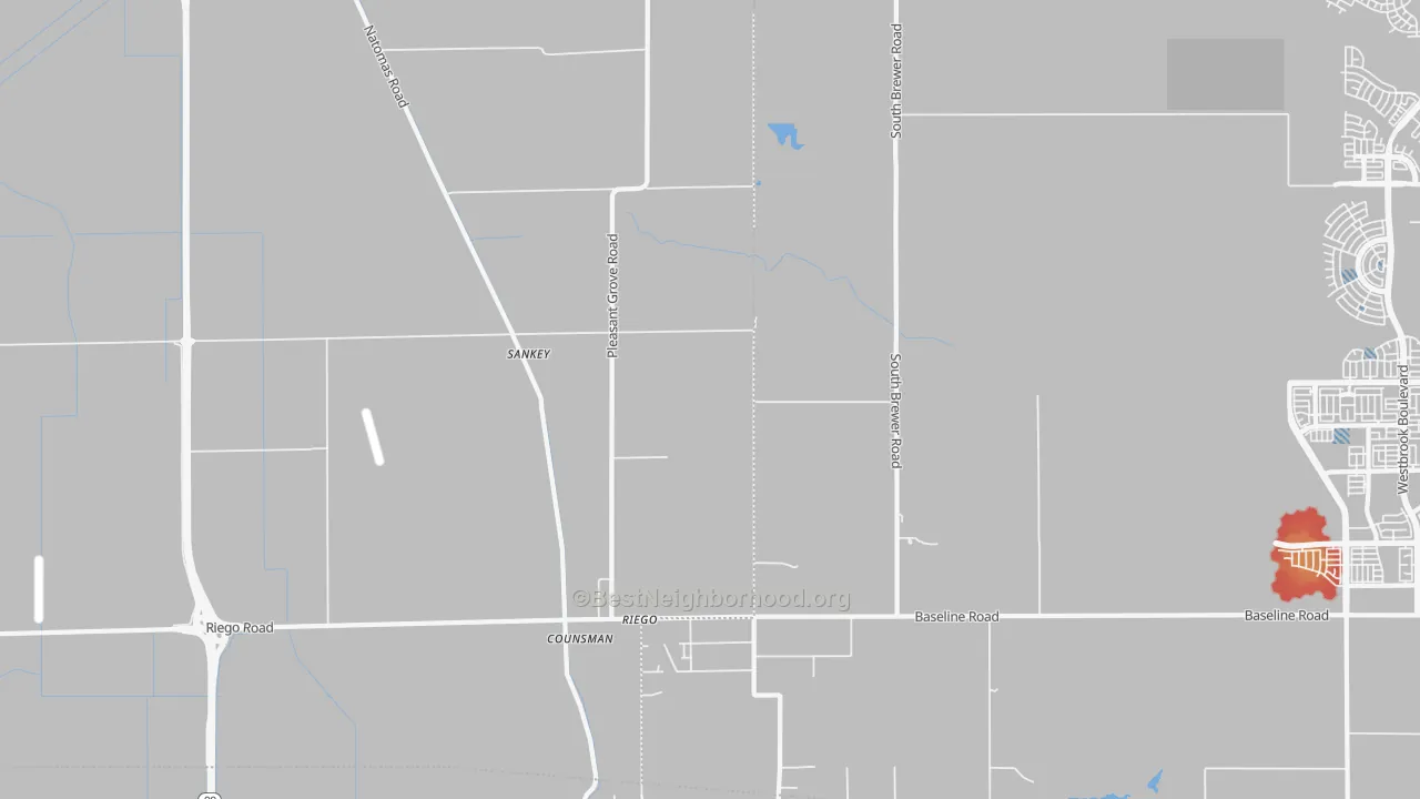 Walk Grade map of Riego, CA, walkable areas in green and car-dependent areas in red