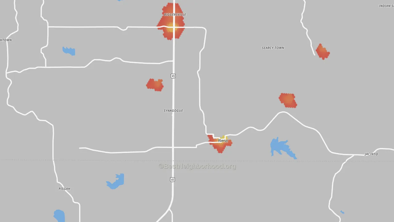 Walk Grade map of Rienzi, MS, walkable areas in green and car-dependent areas in red