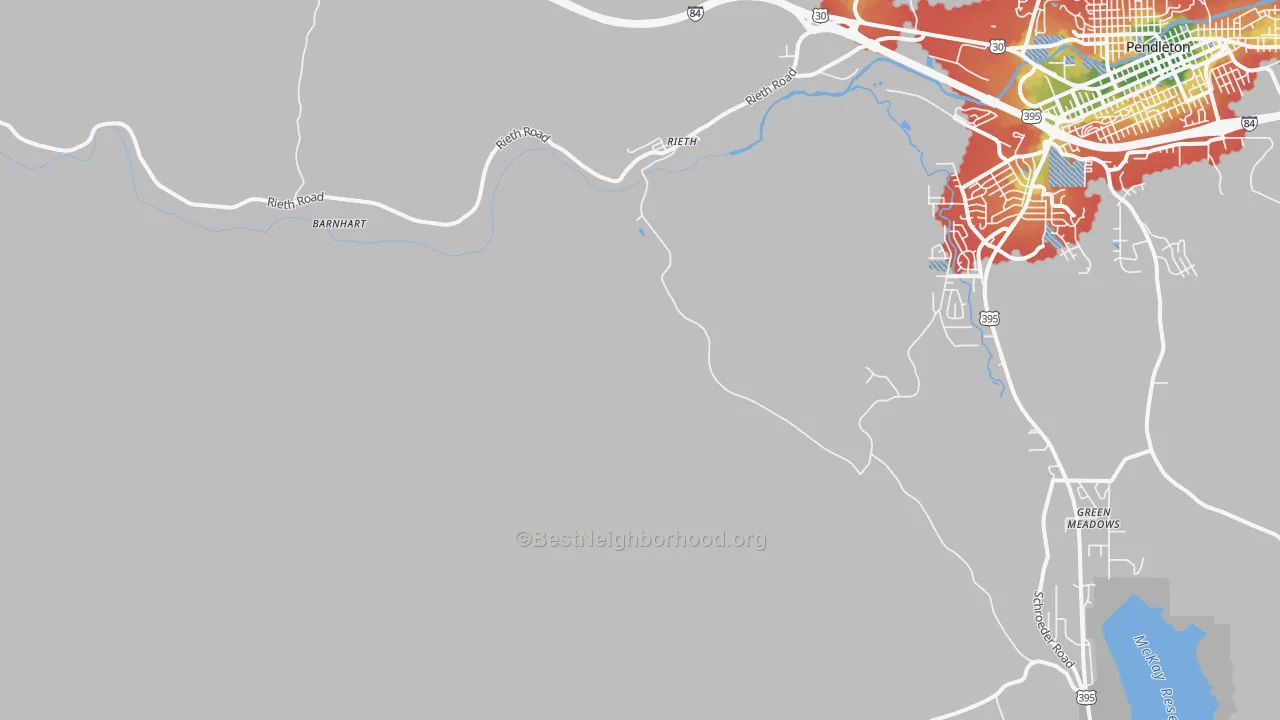 Walk Grade map of Rieth, OR, walkable areas in green and car-dependent areas in red