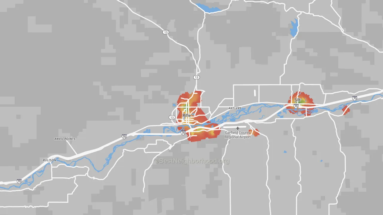 Walk Grade map of Rifle, CO, walkable areas in green and car-dependent areas in red