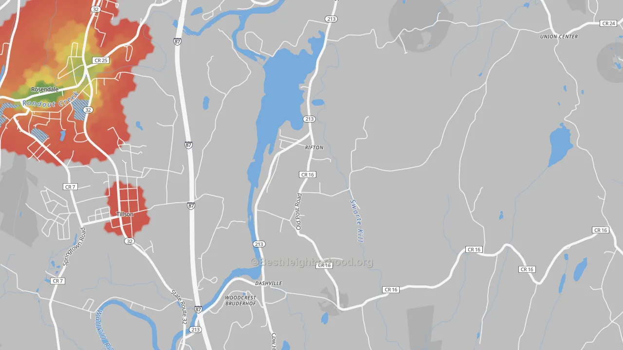Walk Grade map of Rifton, NY, walkable areas in green and car-dependent areas in red