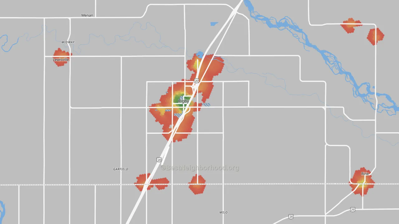 Walk Grade map of Rigby, ID, walkable areas in green and car-dependent areas in red