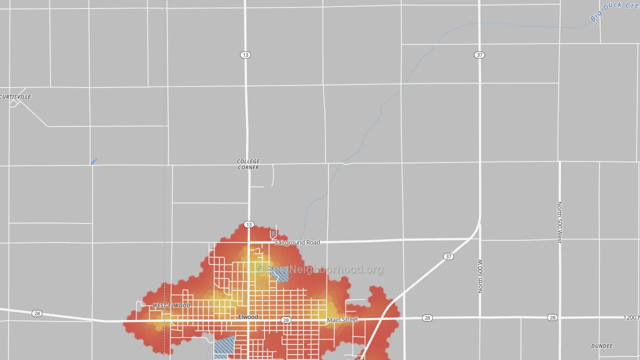 Walk Grade map of Rigdon, IN, walkable areas in green and car-dependent areas in red