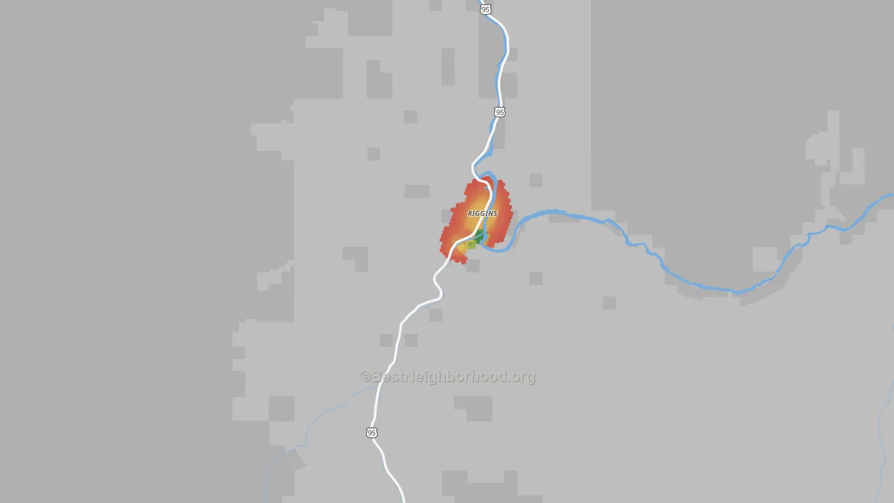 Walk Grade map of Riggins, ID, walkable areas in green and car-dependent areas in red
