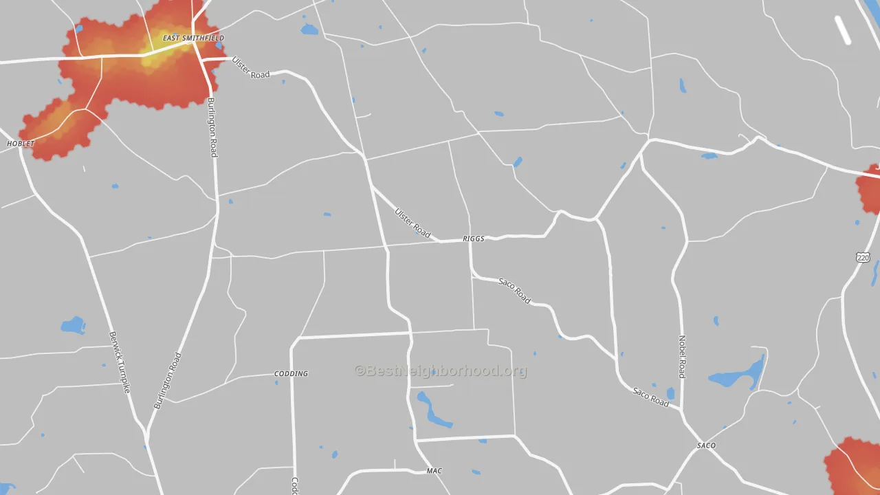 Walk Grade map of Riggs, PA, walkable areas in green and car-dependent areas in red