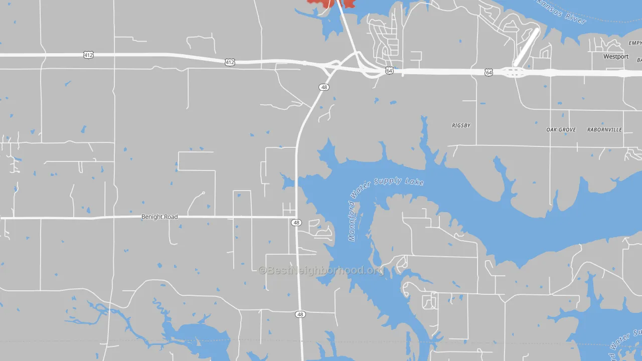 Walk Grade map of Rigsby, OK, walkable areas in green and car-dependent areas in red