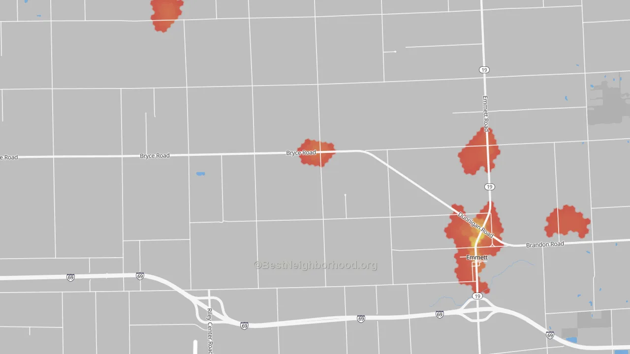 Walk Grade map of Riley Center, MI, walkable areas in green and car-dependent areas in red