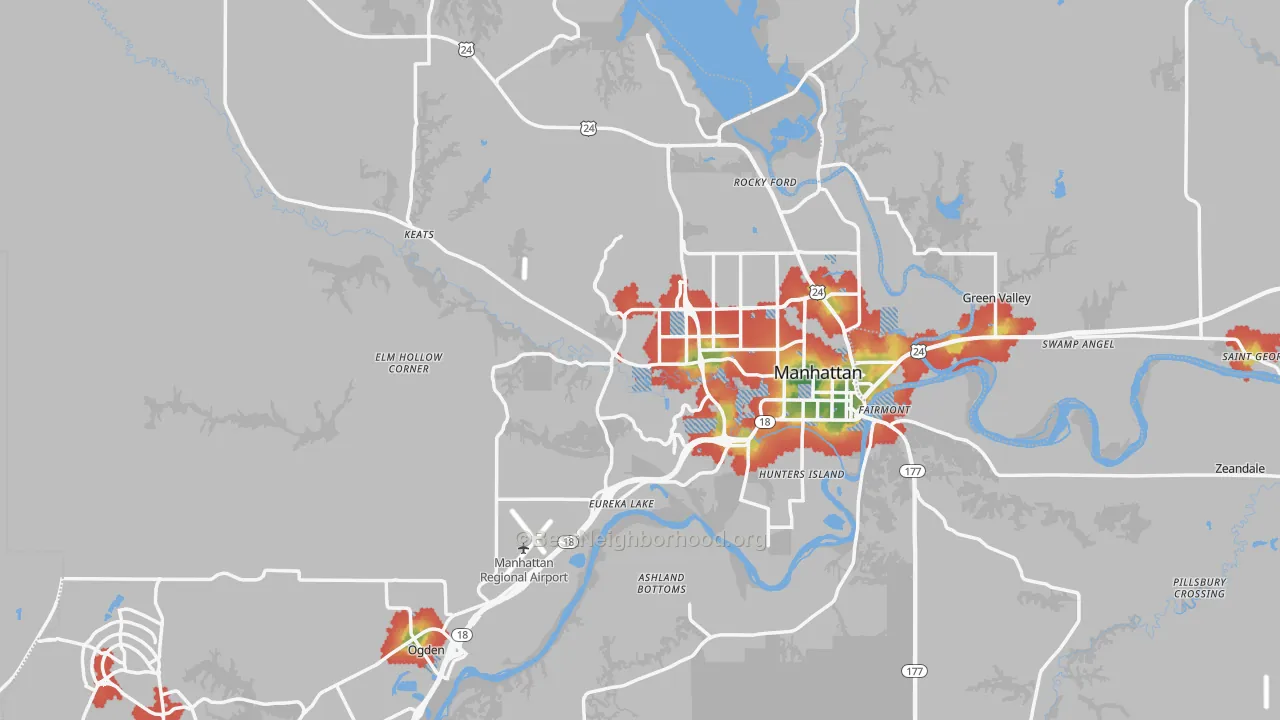 Walk Grade map of Riley County, KS, walkable areas in green and car-dependent areas in red