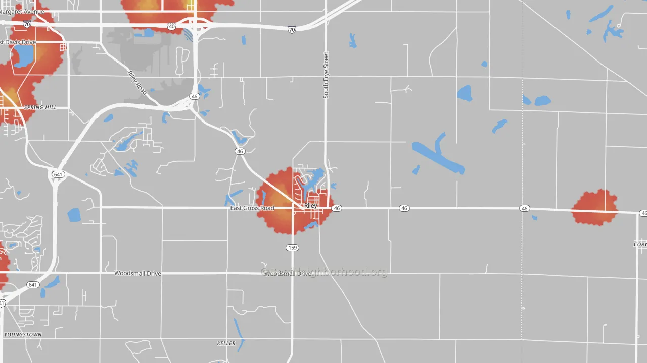Walk Grade map of Riley, IN, walkable areas in green and car-dependent areas in red
