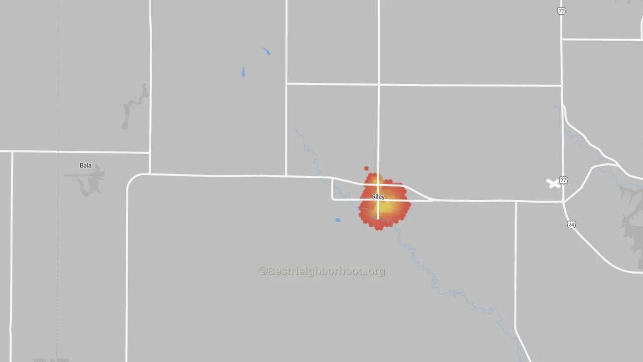 Walk Grade map of Riley, KS, walkable areas in green and car-dependent areas in red