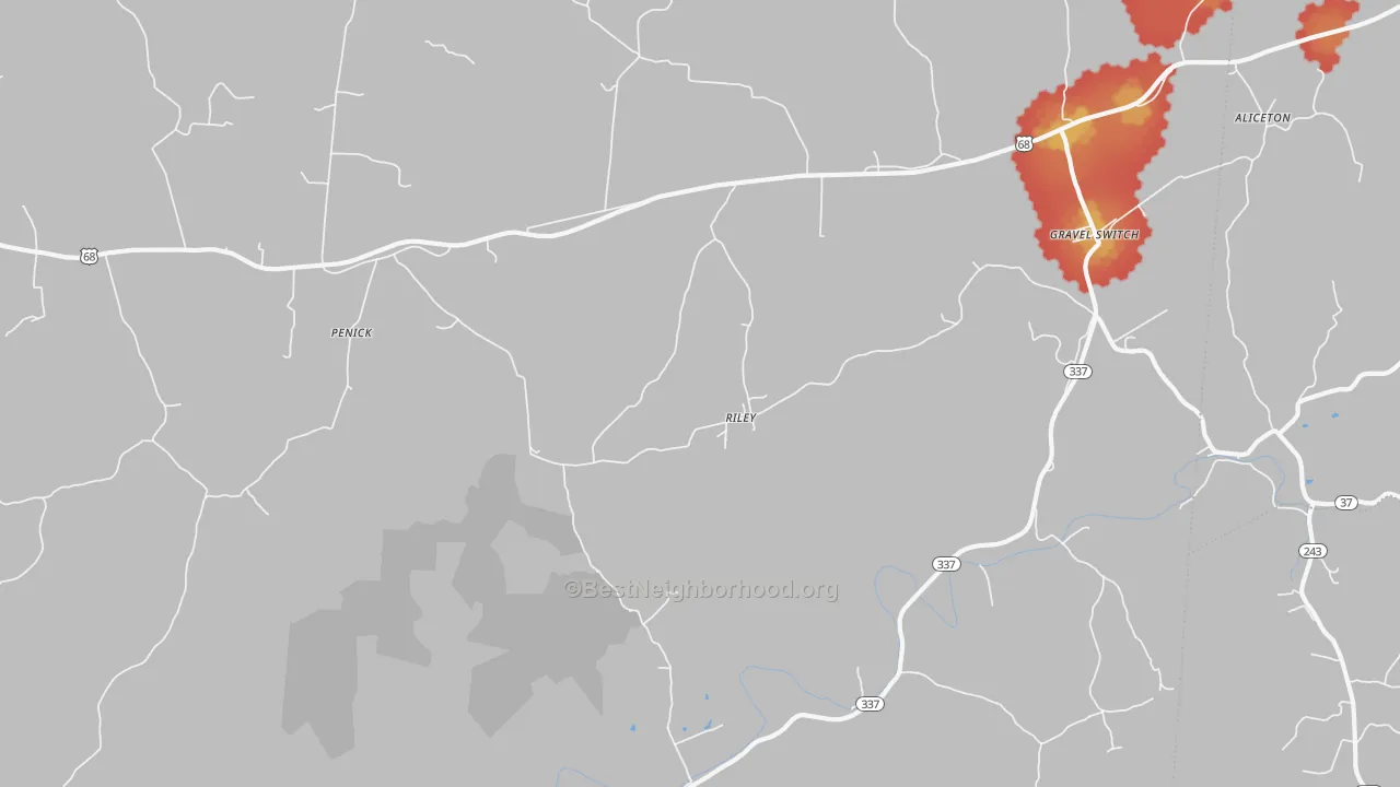 Walk Grade map of Riley, KY, walkable areas in green and car-dependent areas in red