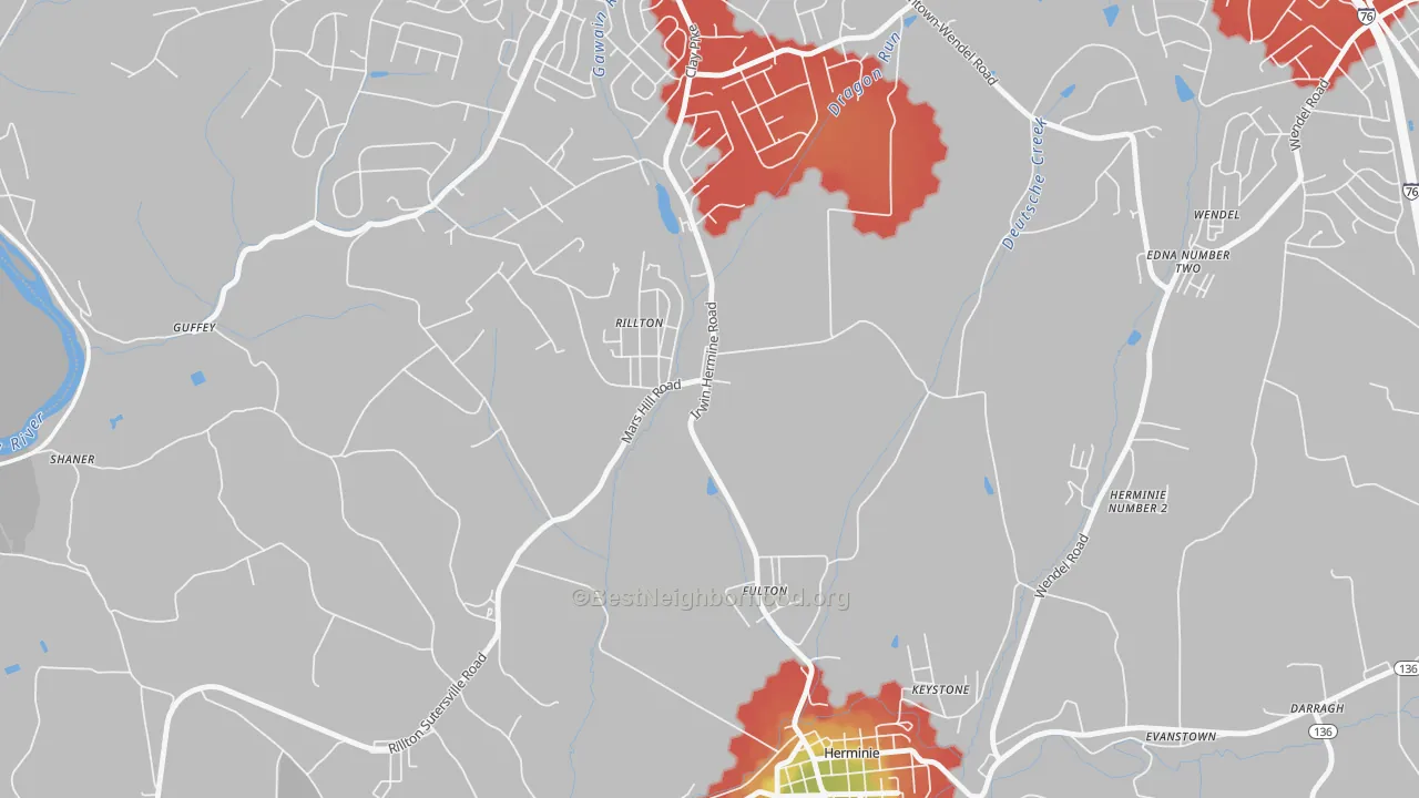 Walk Grade map of Rillton, PA, walkable areas in green and car-dependent areas in red