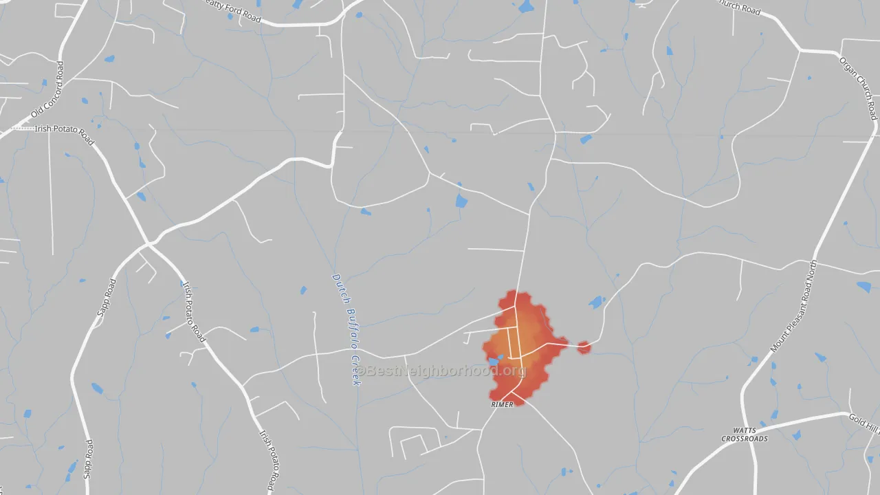 Walk Grade map of Rimer, NC, walkable areas in green and car-dependent areas in red