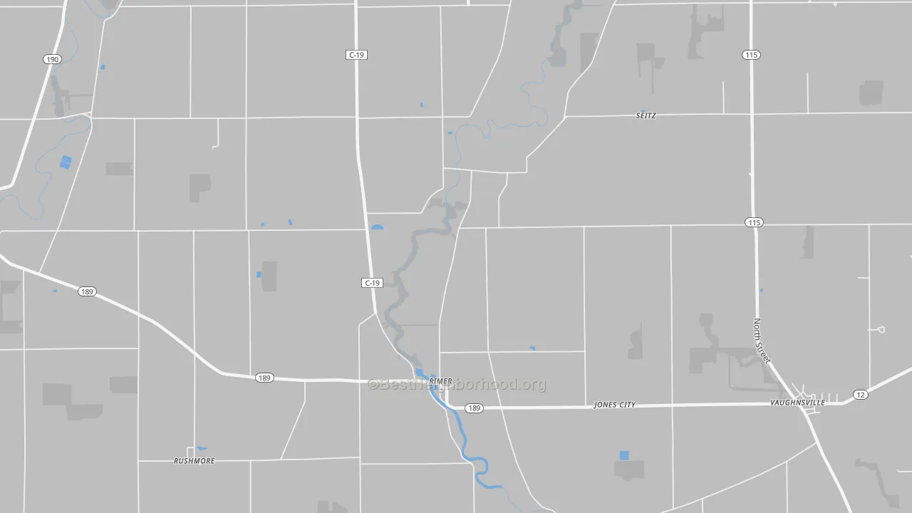 Walk Grade map of Rimer, OH, walkable areas in green and car-dependent areas in red