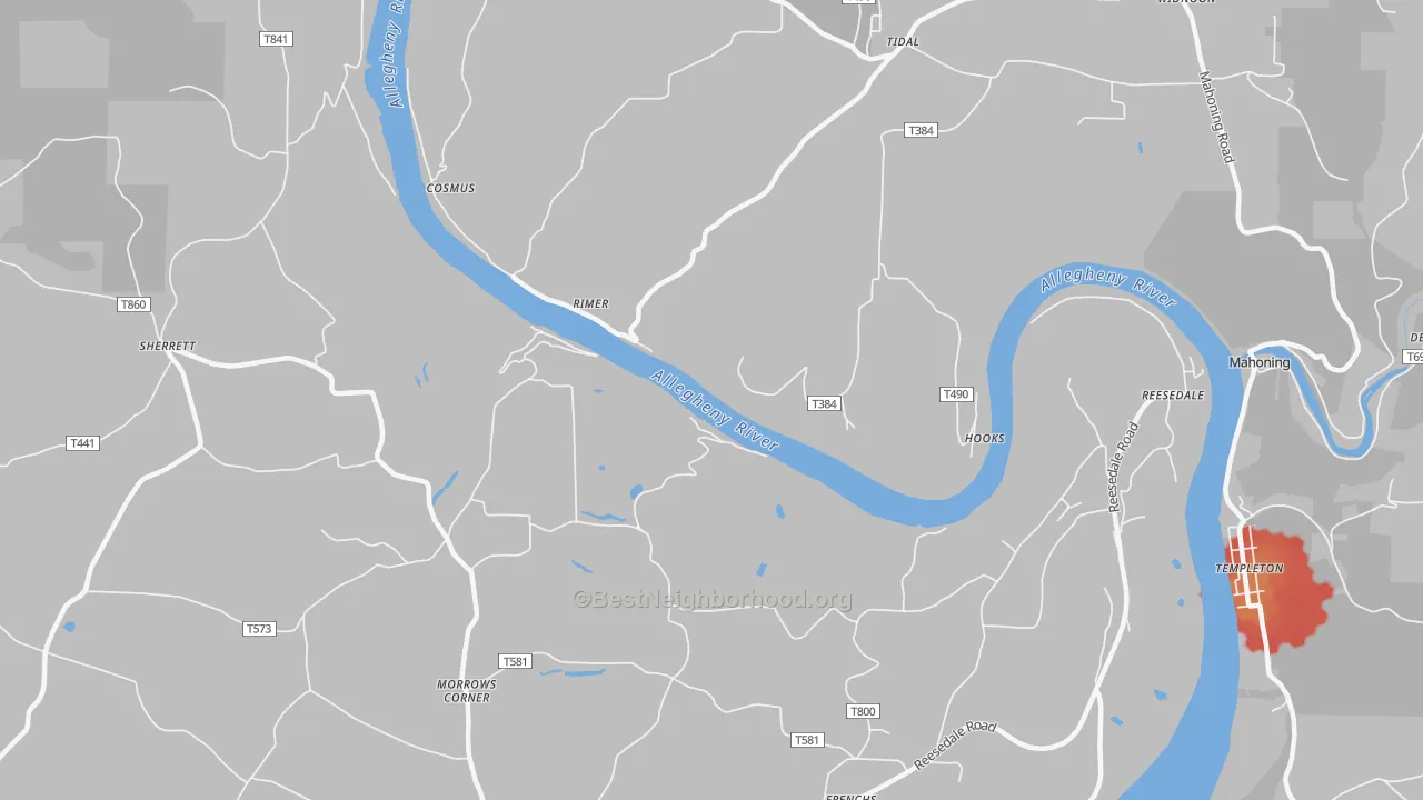 Walk Grade map of Rimer, PA, walkable areas in green and car-dependent areas in red