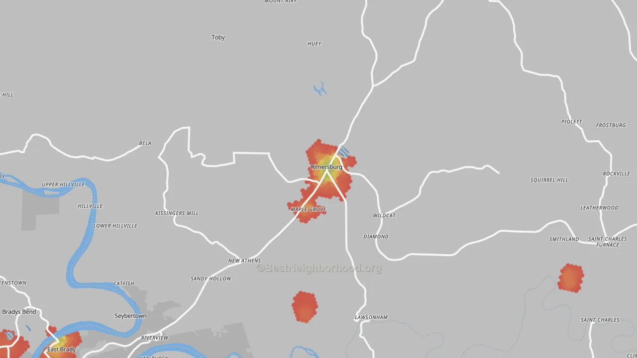 Walk Grade map of Rimersburg, PA, walkable areas in green and car-dependent areas in red