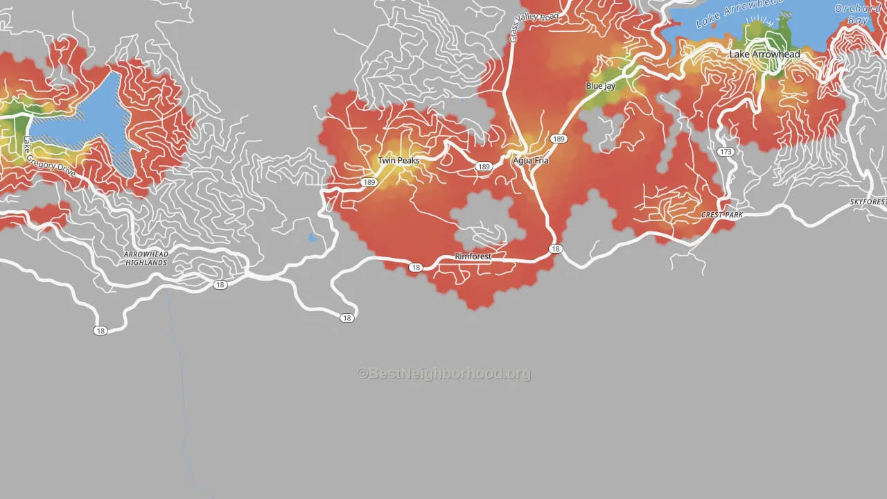 Walk Grade map of Rimforest, CA, walkable areas in green and car-dependent areas in red