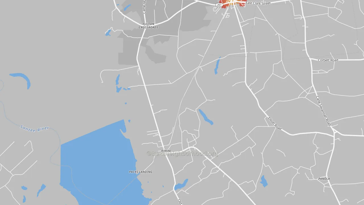 Walk Grade map of Rimini, SC, walkable areas in green and car-dependent areas in red