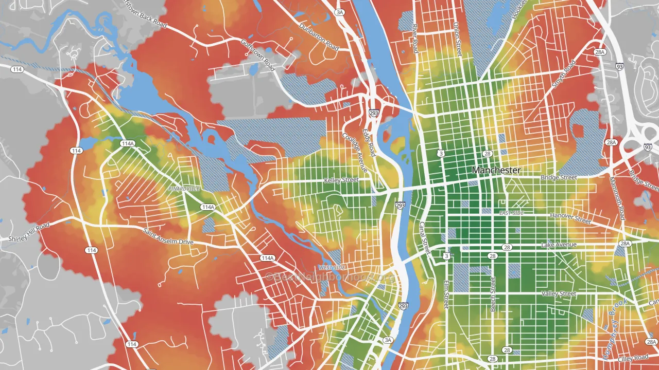Walk Grade map of Rimmon Heights, Manchester, NH, walkable areas in green and car-dependent areas in red
