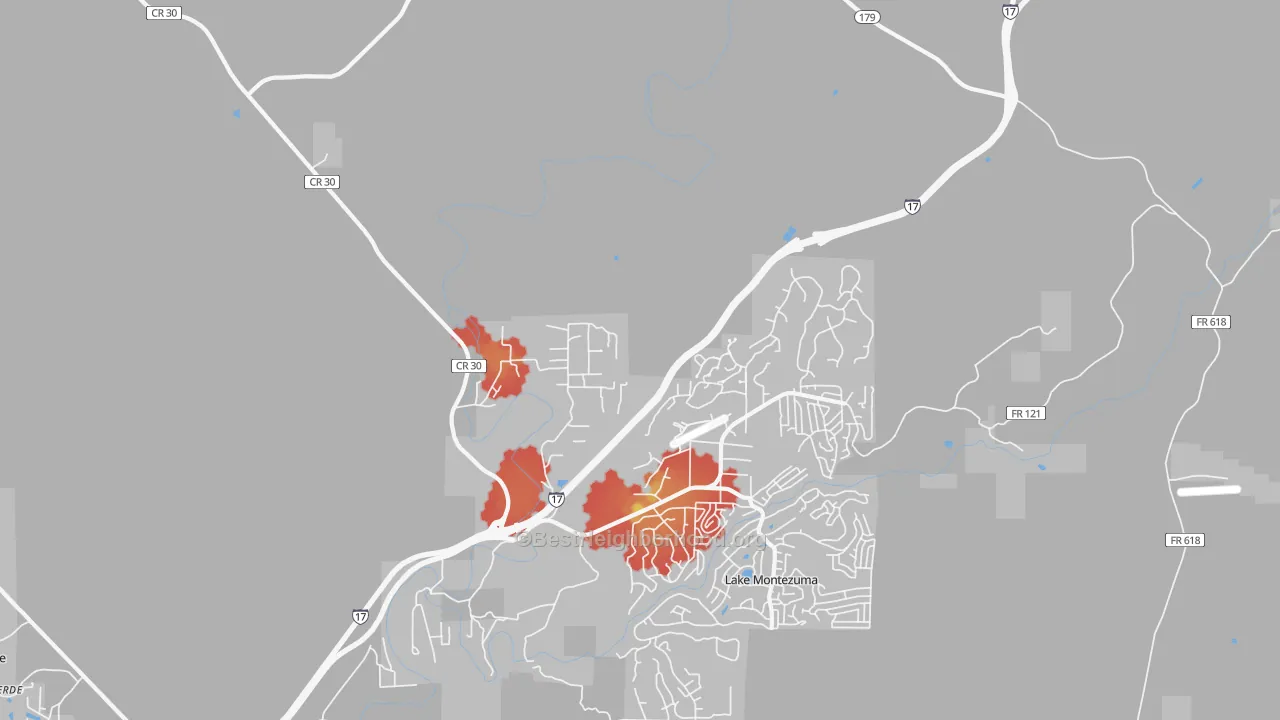 Walk Grade map of Rimrock, AZ, walkable areas in green and car-dependent areas in red