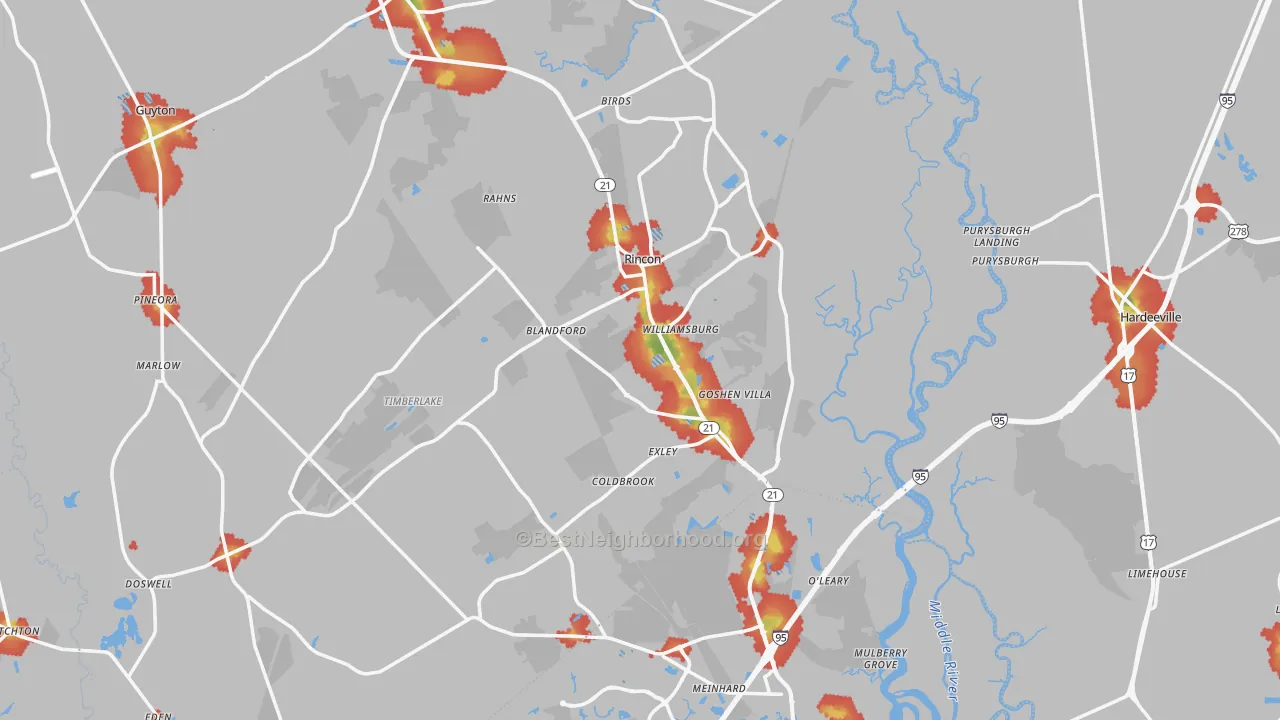 Walk Grade map of Rincon, GA, walkable areas in green and car-dependent areas in red
