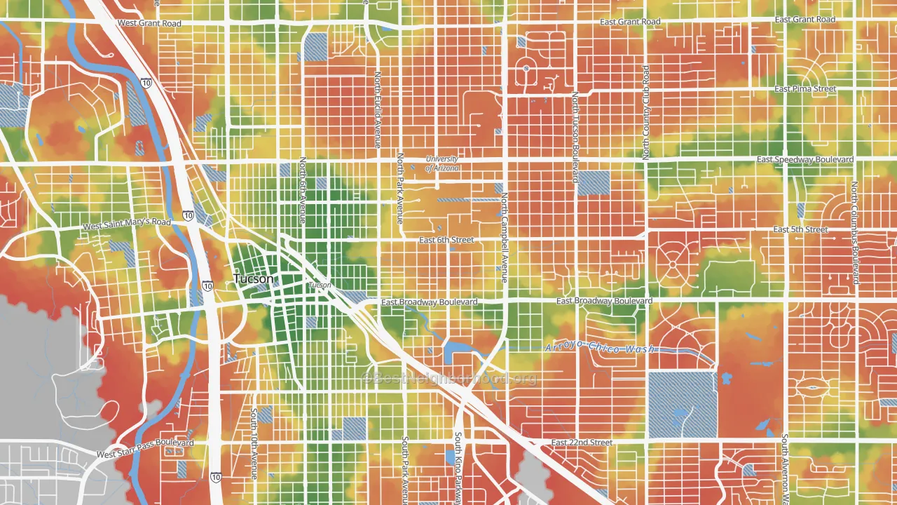 Walk Grade map of Rincon Heights, Tucson, AZ, walkable areas in green and car-dependent areas in red