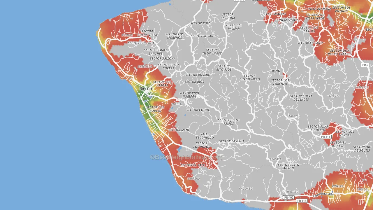 Walk Grade map of Rincon Municipio, PR, walkable areas in green and car-dependent areas in red