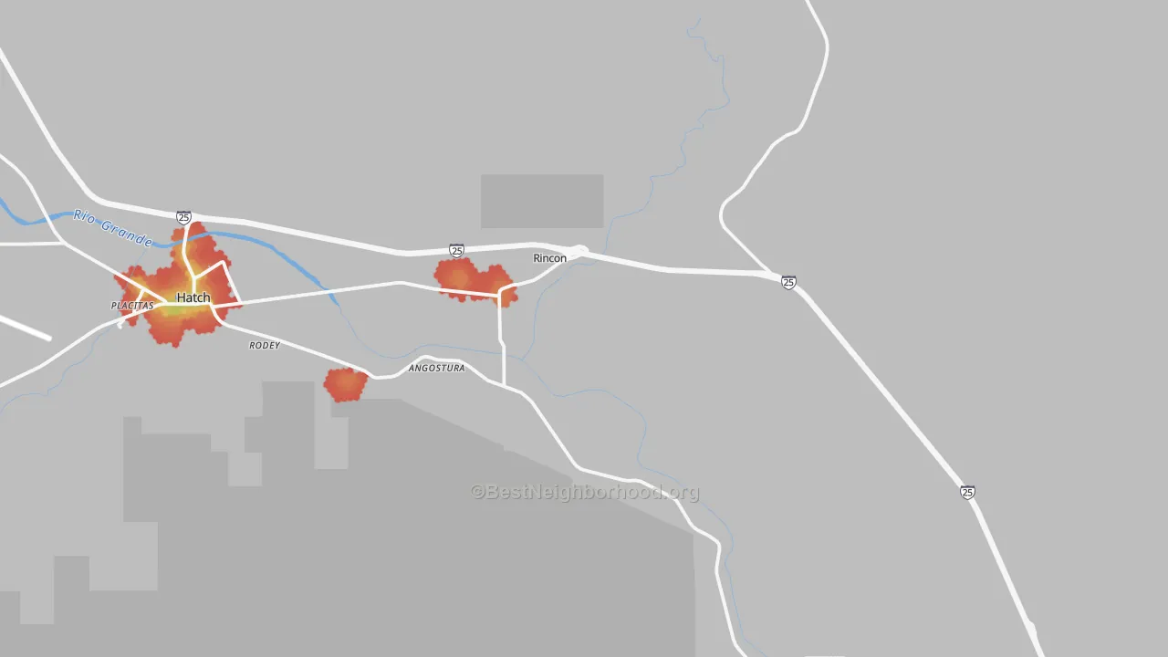 Walk Grade map of Rincon, NM, walkable areas in green and car-dependent areas in red