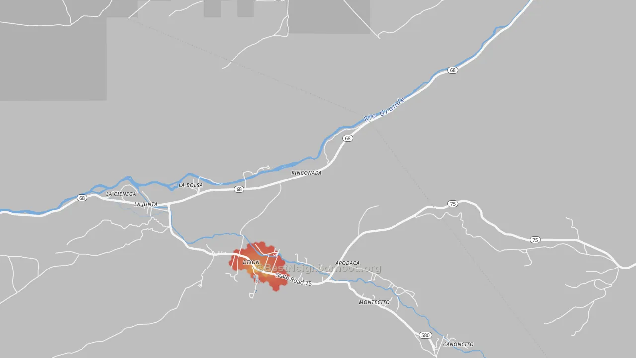 Walk Grade map of Rinconada, NM, walkable areas in green and car-dependent areas in red
