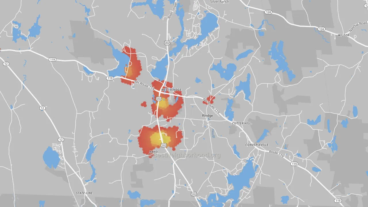 Walk Grade map of Rindge, NH, walkable areas in green and car-dependent areas in red