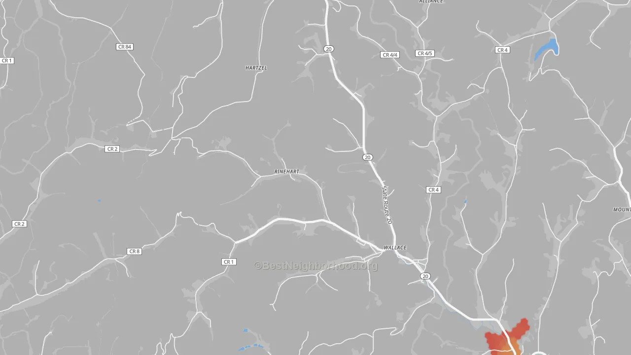Walk Grade map of Rinehart, WV, walkable areas in green and car-dependent areas in red