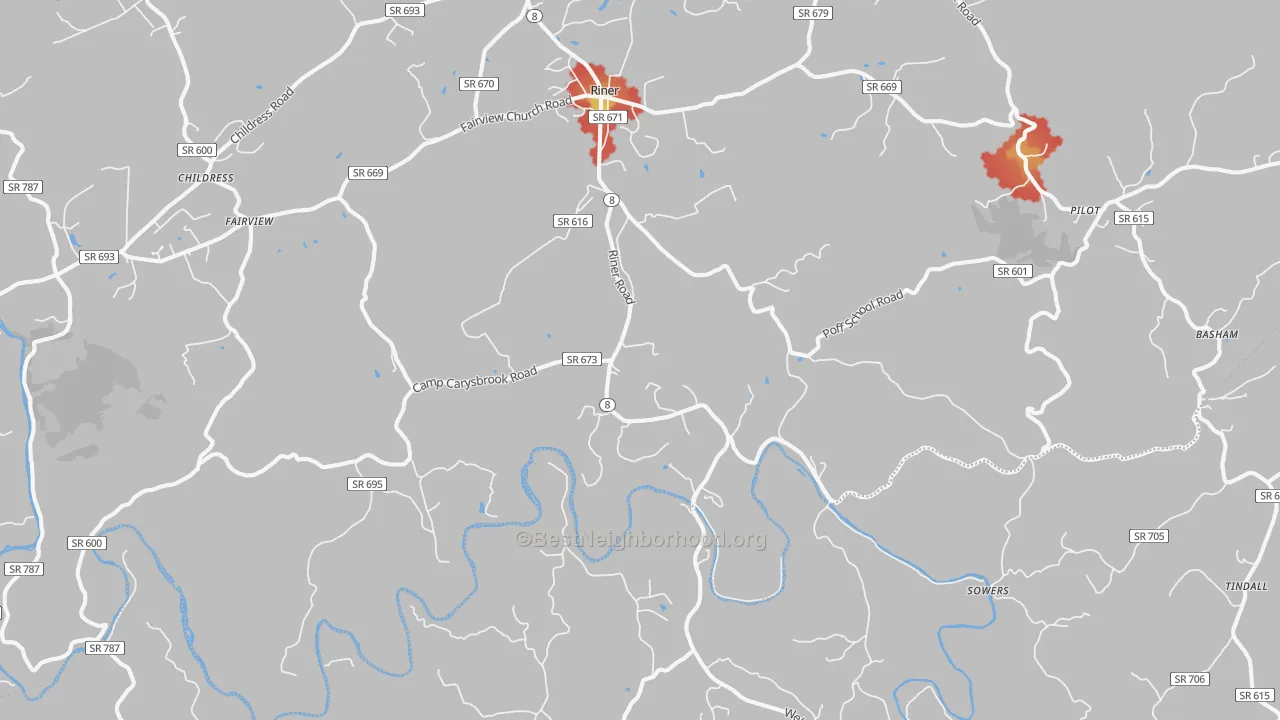 Walk Grade map of Riner, VA, walkable areas in green and car-dependent areas in red