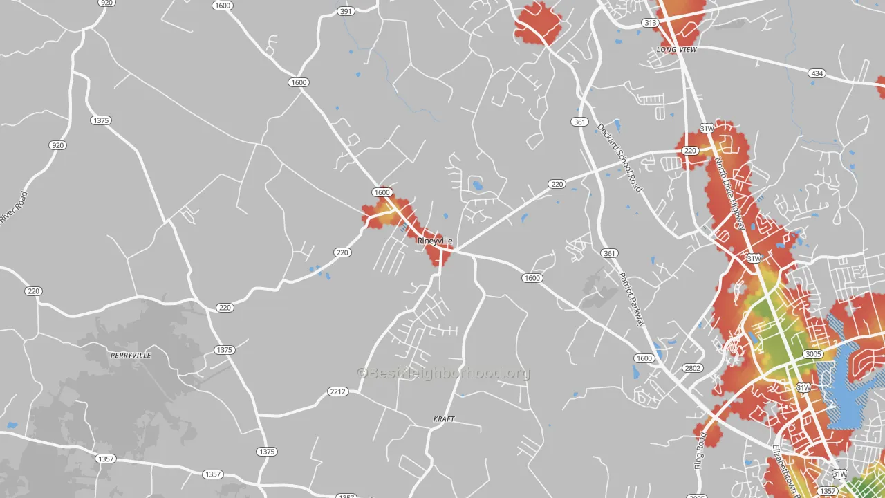 Walk Grade map of Rineyville, KY, walkable areas in green and car-dependent areas in red