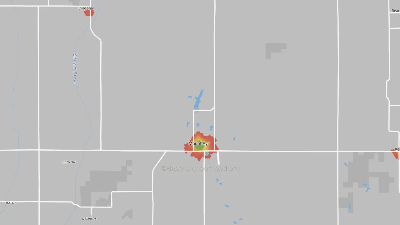 Walk Grade map of Ringgold County, IA, walkable areas in green and car-dependent areas in red