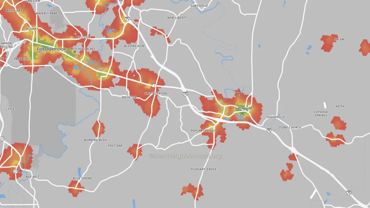Walk Grade map of Ringgold, GA, walkable areas in green and car-dependent areas in red