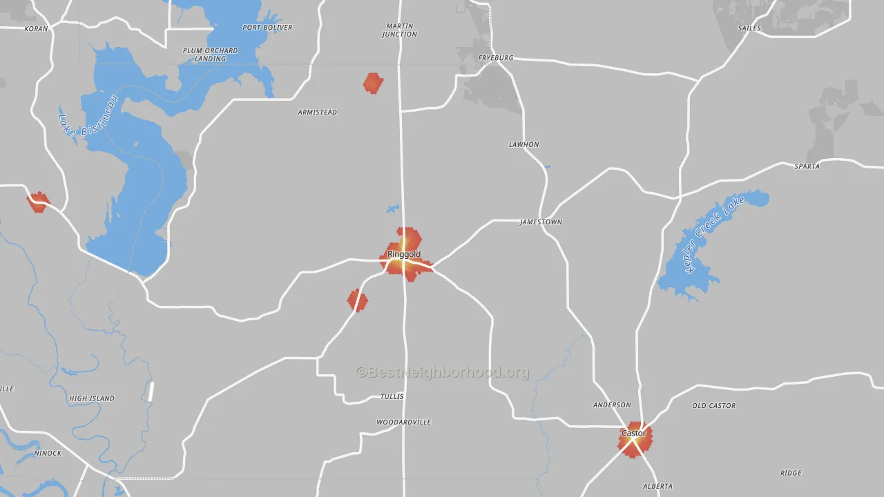 Walk Grade map of Ringgold, LA, walkable areas in green and car-dependent areas in red