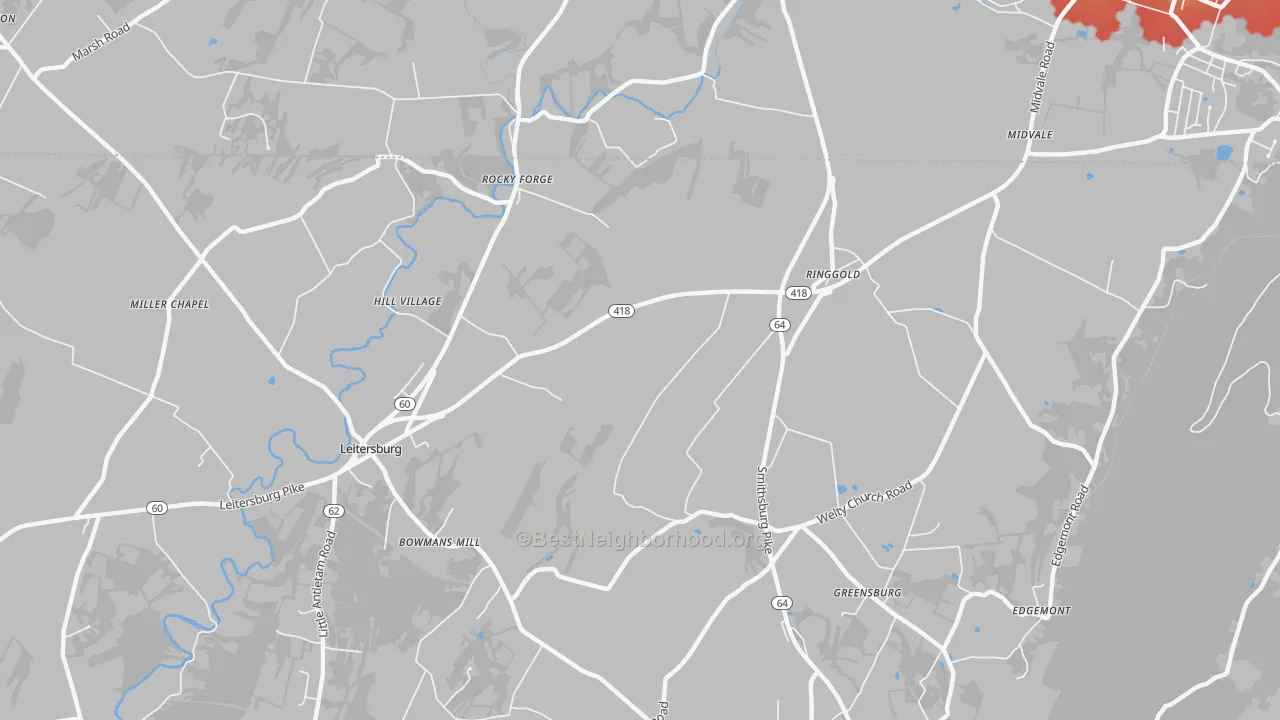 Walk Grade map of Ringgold, MD, walkable areas in green and car-dependent areas in red