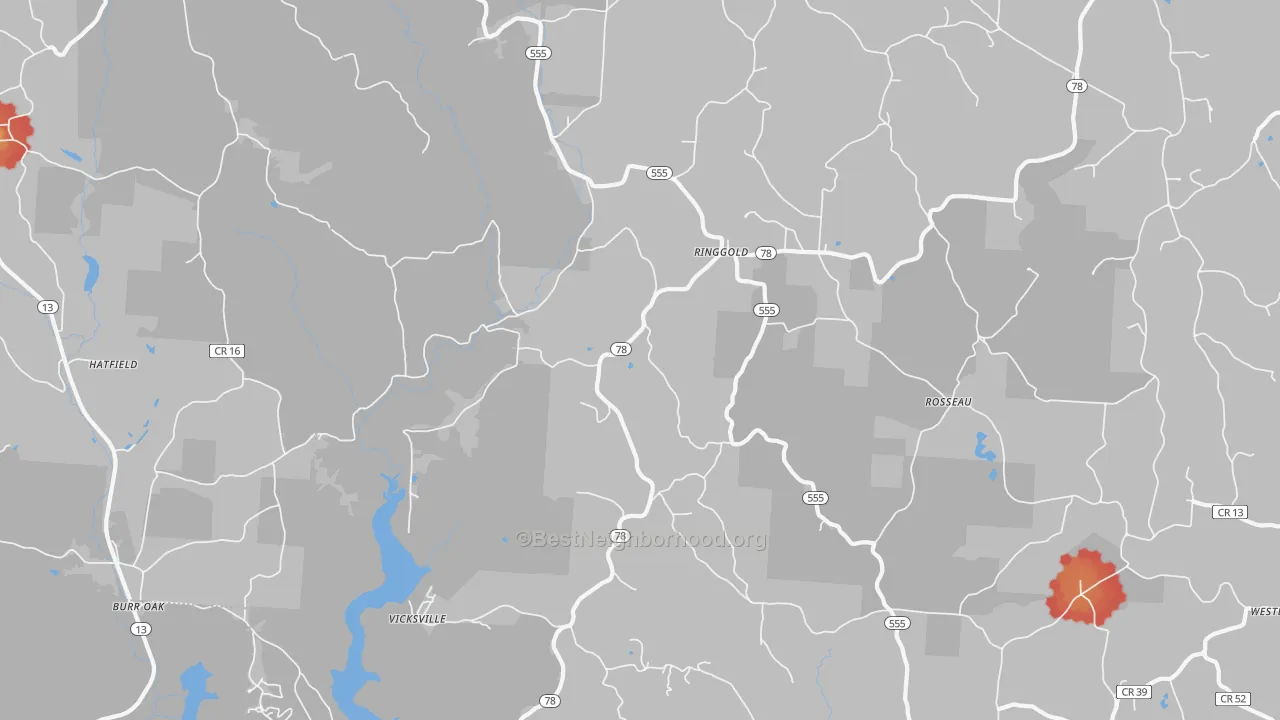 Walk Grade map of Ringgold, OH, walkable areas in green and car-dependent areas in red