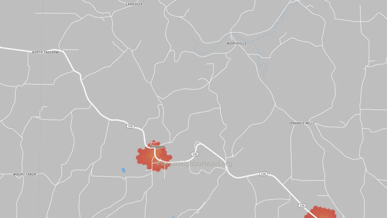 Walk Grade map of Ringgold, PA, walkable areas in green and car-dependent areas in red