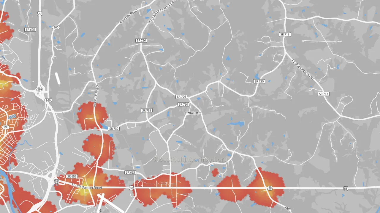 Walk Grade map of Ringgold, VA, walkable areas in green and car-dependent areas in red