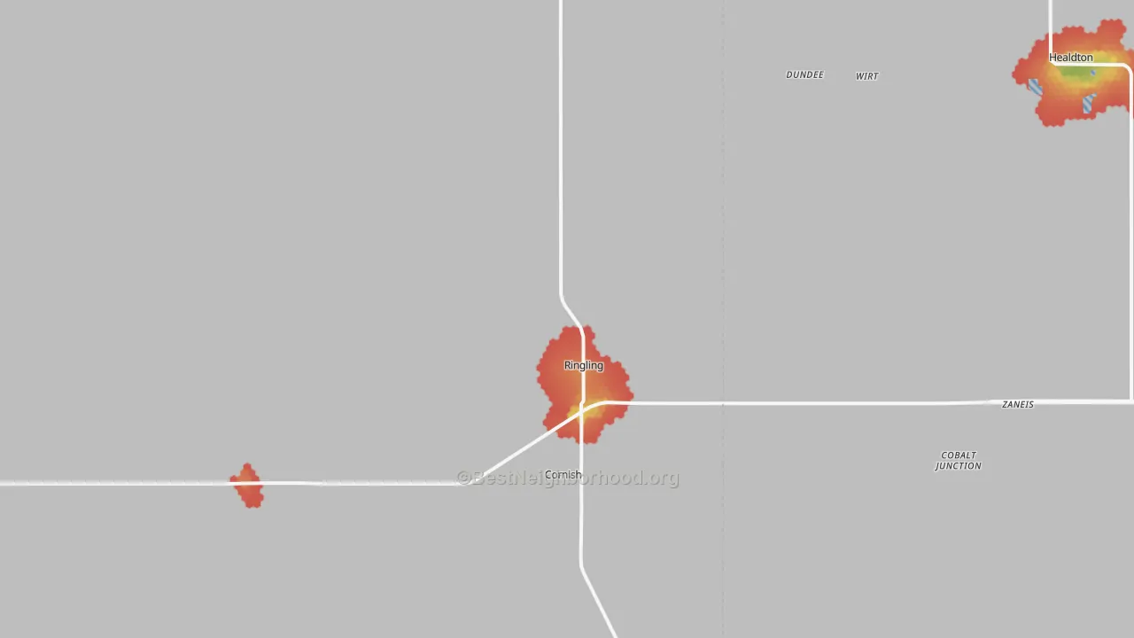 Walk Grade map of Ringling, OK, walkable areas in green and car-dependent areas in red
