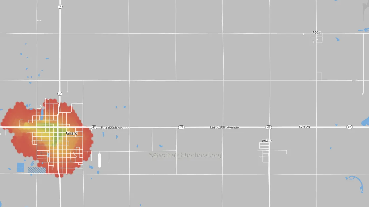 Walk Grade map of Ringo, KS, walkable areas in green and car-dependent areas in red