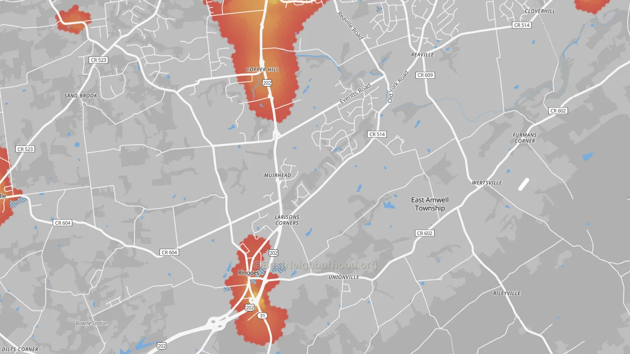 Walk Grade map of Ringoes, NJ, walkable areas in green and car-dependent areas in red