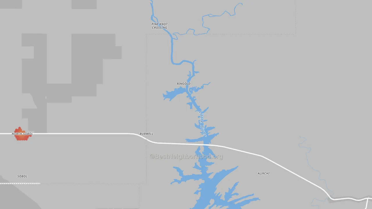 Walk Grade map of Ringold, OK, walkable areas in green and car-dependent areas in red