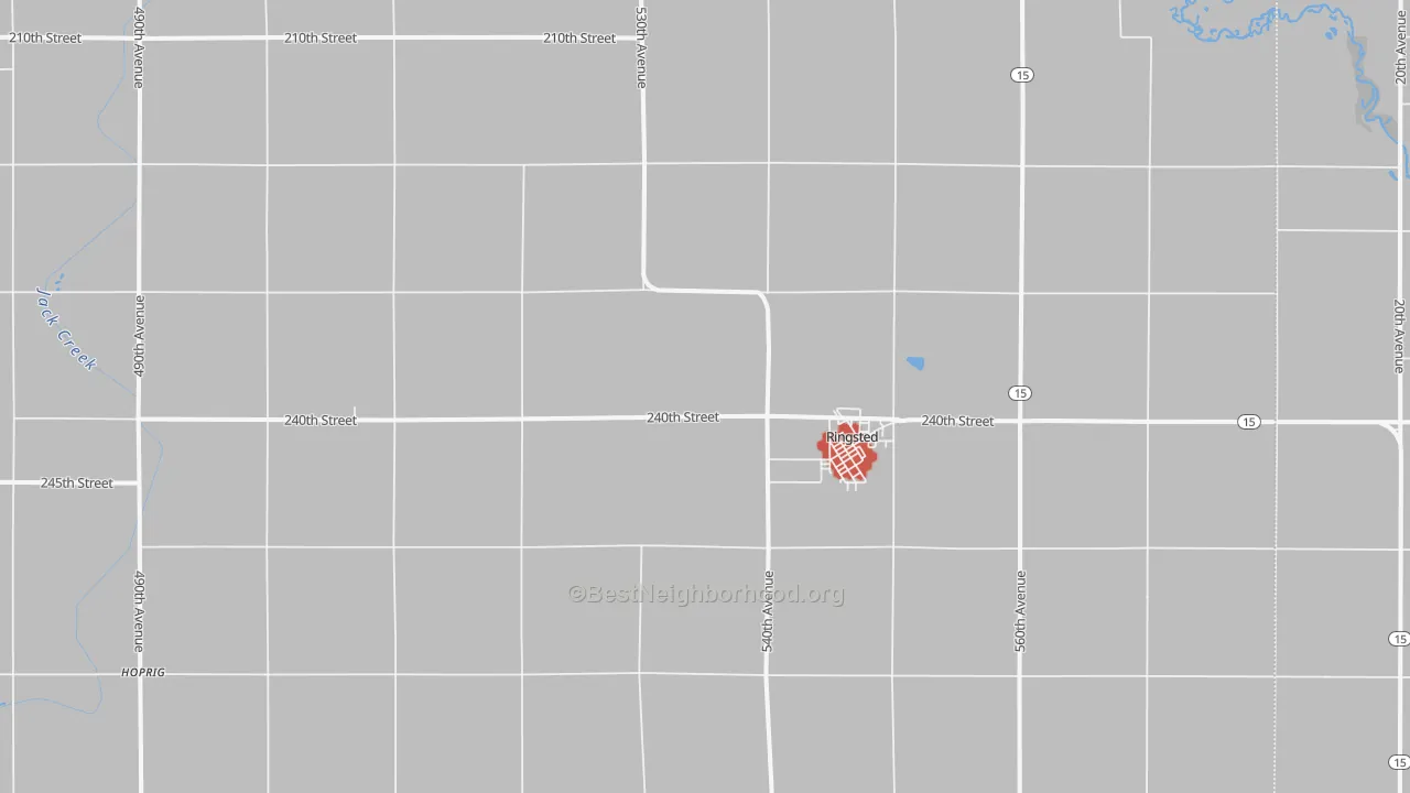 Walk Grade map of Ringsted, IA, walkable areas in green and car-dependent areas in red
