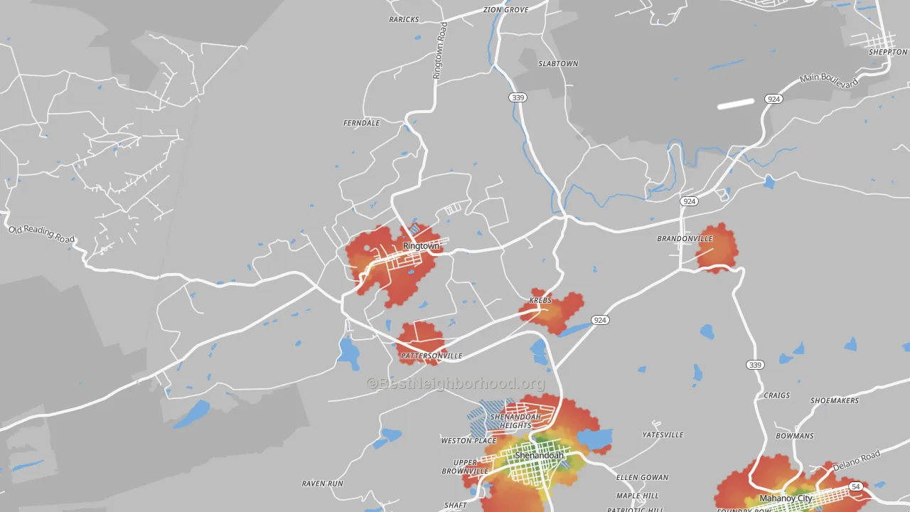 Walk Grade map of Ringtown, PA, walkable areas in green and car-dependent areas in red