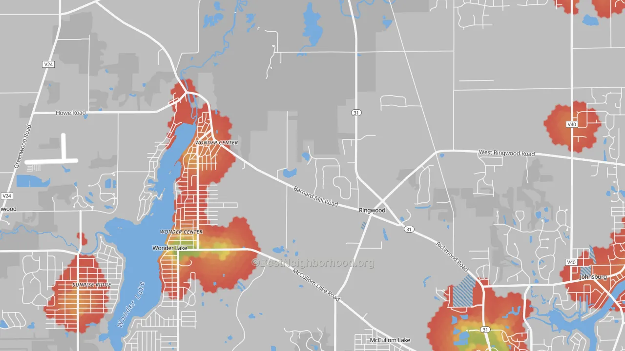 Walk Grade map of Ringwood, IL, walkable areas in green and car-dependent areas in red