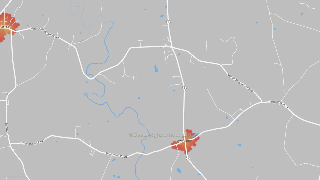 Walk Grade map of Ringwood, NC, walkable areas in green and car-dependent areas in red