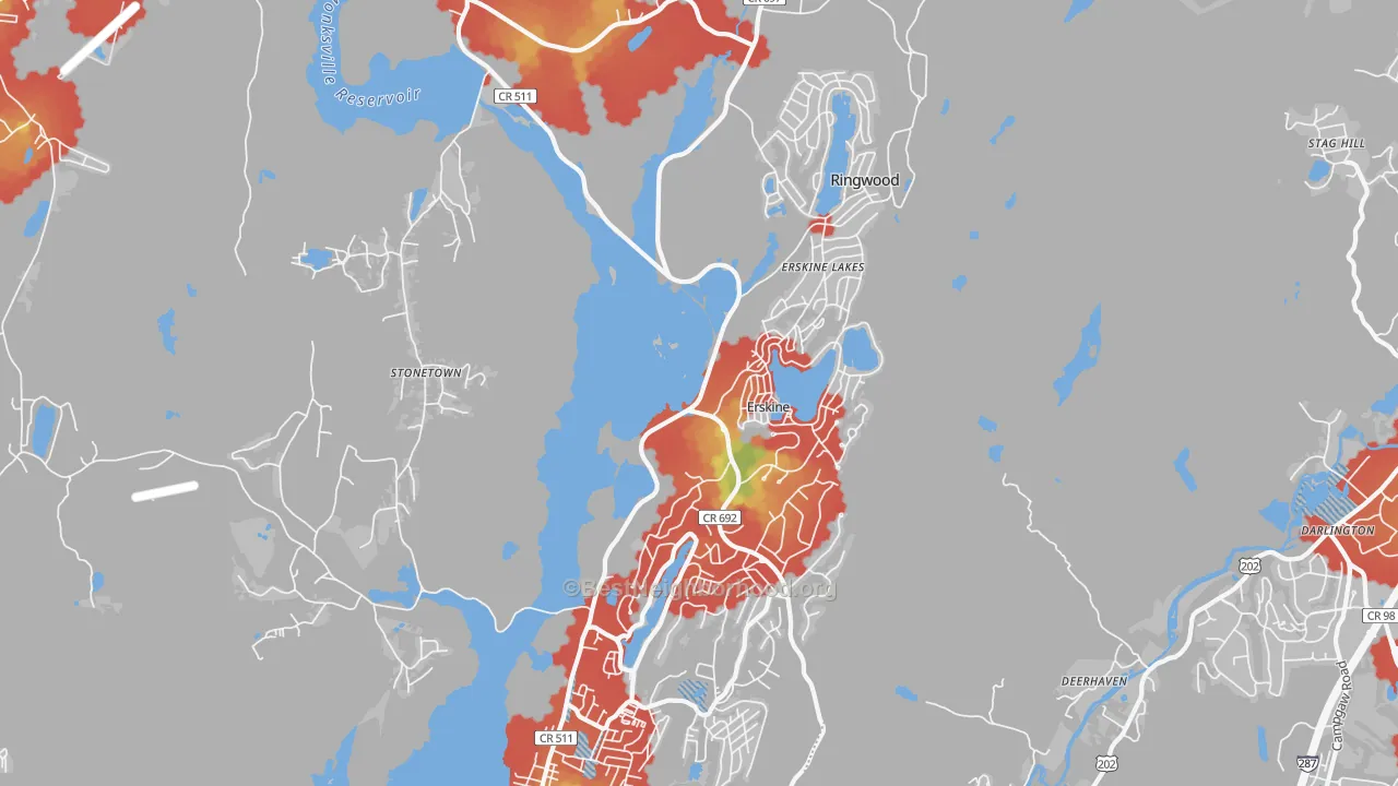 Walk Grade map of Ringwood, NJ, walkable areas in green and car-dependent areas in red