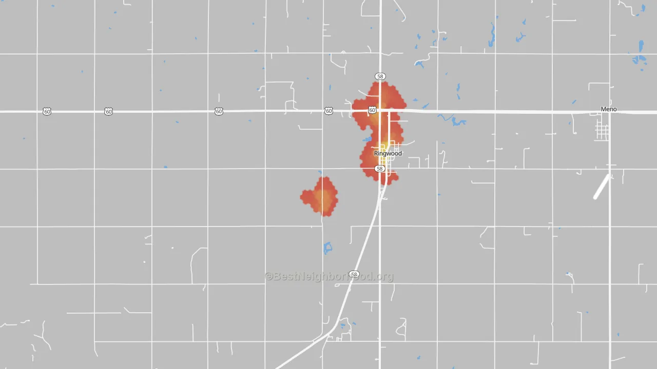 Walk Grade map of Ringwood, OK, walkable areas in green and car-dependent areas in red
